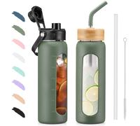 BLUEGO 700ml Glass Water Bottle with Straw and 2 Lids Glass Coffee Cup with Time Marker and Silicone Protector Glass Tumbler for beverages Soda Cola BPA free, Oliver