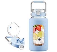 BLUEGO 84oz Glass Water Bottles with Sturdy Stainless Steel Handle, Large Water Bottle with Straw Sip & Chug Lid, 2.5L Water Jug Silicone Sleeve with Time, Daily Travel Sports, Light Blue