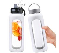 BLUEGO 900ml Glass Water Bottle with 2 Lids-One-touch Lock Lid and Handle Lid Reusable Drinking Bottle with Time Marking for Travel Home Gym Sports BPA Free, White