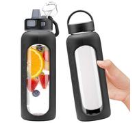 BLUEGO 900ml Glass Water Bottle with 2 Lids-One-touch Lock Lid and Handle Lid Reusable Drinking Bottle with Time Marking for Travel Home Gym Sports BPA Free, Black