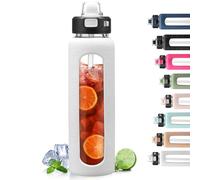 BLUEGO 900ml Glass Water Bottle with Handle and Straw Drinking Hydration Bottle with Silicone Sleeve and Time Marking Motivational Water Bottle for Gym Sports Outdoor Leak-proof,White