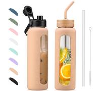 BLUEGO 900ml Glass Water Bottle with Straw and 2 Lids Glass Coffee Cup with Time Marker and Silicone Protector Glass Tumbler for Beverages Soda Cola BPA Free, Amber