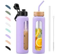 BLUEGO 900ml Glass Water Bottle with Straw and 2 Lids Glass Coffee Cup with Time Marker and Silicone Protector Glass Tumbler for Beverages Soda Cola BPA Free, Purple