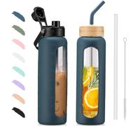 BLUEGO 900ml Glass Water Bottle with Straw and 2 Lids Glass Coffee Cup with Time Marker and Silicone Protector Glass Tumbler for Beverages Soda Cola BPA Free, Dark Blue