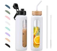 BLUEGO 900ml Glass Water Bottle with Straw and 2 Lids Glass Coffee Cup with Time Marker and Silicone Protector Glass Tumbler for Beverages Soda Cola BPA Free, White