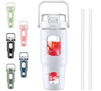 BLUEGO 960ml Glass Water Bottles with Straw Time Marker Half Gallon Large Motivational Water Bottle with Silicone Sleeve 0.96 Liter Large Glass Water Jug for Gym, Sports& Workout, Daily, White
