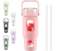 BLUEGO 960ml Glass Water Bottles with Straw Time Marker Half Gallon Large Motivational Water Bottle with Silicone Sleeve 0.96 Liter Large Glass Water Jug for Gym, Sports& Workout, Daily, Pink