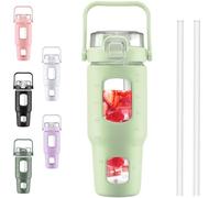 BLUEGO 960ml Glass Water Bottles with Straw Time Marker Half Gallon Large Motivational Water Bottle with Silicone Sleeve 0.96 Liter Large Glass Water Jug for Gym, Sports& Workout, Daily, Green