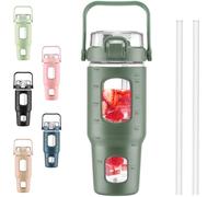 BLUEGO 960ml Glass Water Bottles with Straw Time Marker Half Gallon Large Motivational Water Bottle with Silicone Sleeve 0.96 Liter Large Glass Water Jug for Gym, Sports& Workout, Daily, 02 Olive