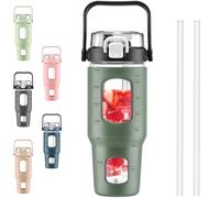 BLUEGO 960ml Glass Water Bottles with Straw Time Marker Half Gallon Large Motivational Water Bottle with Silicone Sleeve 0.96 Liter Large Glass Water Jug for Gym, Sports& Workout, Daily, Olive