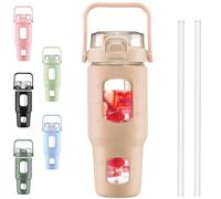 BLUEGO 960ml Glass Water Bottles with Straw Time Marker Half Gallon Large Motivational Water Bottle with Silicone Sleeve 0.96 Liter Large Glass Water Jug for Gym, Sports& Workout, Daily, Amber