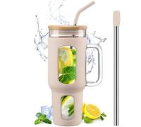 BLUEGO Glass Tumbler with Lid and Straw, 1400ml Iced Coffee Cup with Handle, Borosilicate Water Bottles with Silicone Sleeve, 1.4L Drinking Cup with 2 Straws, BPA Free, Amber