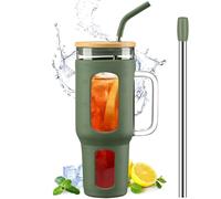 BLUEGO Glass Tumbler with Lid and Straw, 1400ml Iced Coffee Cup with Handle, Glass Water Bottles with Silicone Sleeve, 1.4L Glass Cup with 2 Straws, BPA Free, Olive