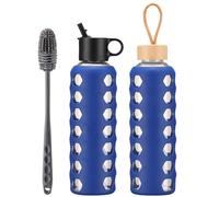 BLUEGO Glass Water Bottle, 700ml Borosilicate Drinking Bottle with 2 Lids-Handle Flip Straw Lid&Bamboo Lid, Motivational Water Bottle with Time Marker and Silicone Sleeve, Leakproof, Blue