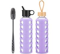 BLUEGO Glass Water Bottle, 700ml Borosilicate Drinking Bottle with 2 Lids-Handle Flip Straw Lid&Bamboo Lid, Motivational Water Bottle with Time Marker and Silicone Sleeve, Leakproof, Purple