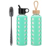BLUEGO Glass Water Bottle, 700ml Borosilicate Drinking Bottle with 2 Lids-Handle Flip Straw Lid&Bamboo Lid, Motivational Water Bottle with Time Marker and Silicone Sleeve, Leakproof, Green