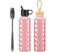 BLUEGO Glass Water Bottle, 700ml Borosilicate Drinking Bottle with 2 Lids-Handle Flip Straw Lid&Bamboo Lid, Motivational Water Bottle with Time Marker and Silicone Sleeve, Leakproof, Pink