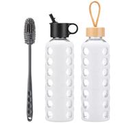 BLUEGO Glass Water Bottle, 700ml Borosilicate Drinking Bottle with 2 Lids-Handle Flip Straw Lid&Bamboo Lid, Motivational Water Bottle with Time Marker and Silicone Sleeve, Leakproof, White
