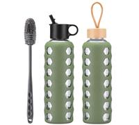 BLUEGO Glass Water Bottle, 700ml Borosilicate Drinking Bottle with 2 Lids-Handle Flip Straw Lid&Bamboo Lid, Motivational Water Bottle with Time Marker and Silicone Sleeve, Leakproof, Olive
