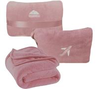 BlueHills Travel Blanket Pillow in Mini Soft Case Premium Plush Airplane Blanket in Soft Bag Compact Pack with Luggage Belt and Backpack Clip - Dusty Rose Pink M02