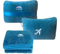BlueHills Travel Blanket Pillow in Mini Soft Case Premium Plush Airplane Blanket in Soft Bag Compact Pack with Luggage Belt and Backpack Clip - Teal Blue M03