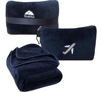 BlueHills Travel Blanket Pillow in Mini Soft Case Premium Plush Airplane Blanket in Soft Bag Compact Pack with Luggage Belt and Backpack Clip - Navy Blue M04