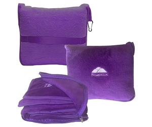 BlueHills Travel Blanket Pillow Premium Soft Plush for Airplane Travel Size Blanket Throw Long Flight Essentials in Compact Bag Plane Portable Lightweight Purple T021