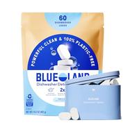 BLUELAND 100% Plastic-Free Dishwasher Detergent Tablets, Starter Set, 60 Count with tin, Free & Clear, Eco-Friendly Dishwashing Pods, Natural, USDA Certified biobased