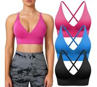 BLUELILY Adjustable Deep V Neck Bras 3/5 Pack Sports Bras for Women Padded Seamless Spaghetti Strap Criss Cross Yoga Bras, Black Blue Hot-pink 3 Pack, M