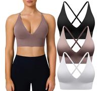 BLUELILY Sports Bras for Women Padded Adjustable Deep V Neck Bra Seamless Spaghetti Strap Criss Cross Light Impact Yoga Bras, Black White Brown 3 Pack, XS