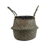 BlueMake Woven Seagrass Belly Basket for Storage, Plant Pot, Laundry, Picnic and Grocery (Large, Black Strips)