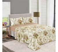 Bluemoon Bedding Olivia Floral Pattern Flannelette 100% Natural Brushed Cotton Thermal Fitted and Flat Sheet Set With Pillowcases (Natural, Double)