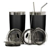 BluePeak Double Wall Vacuum Stainless Steel Insulated Tumblers Set, 2-Pack - Includes 2 Sipping Lids, 2 Spill-Proof Sliding Lids, 2 Straws, 1 Cleaning Brush & Gift Box (20 oz, Black)