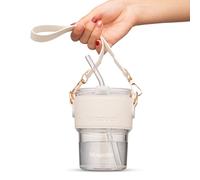 BLUEPOLAR 13oz/400ml Glass Water Tumbler with Straw and Lid Sealed Carry On Thick Wall Iced Coffee Cup Glass Cup for Water, Iced Tea Fruit Juice Etc (White with Sleeve and Strap)