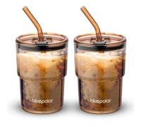 BLUEPOLAR 13oz/400ml Glass Water Tumbler with Straw and Lid Sealed Carry On Thick Wall Iced Coffee Cup Glass Cup for Water, Iced Tea Fruit Juice Etc (Amber,2Pack…