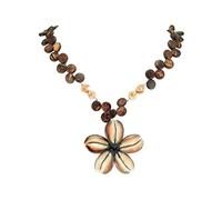 BlueRica Cowrie Kaput Shells Flower Pendant on Coconut Wood Disc Beads Necklace