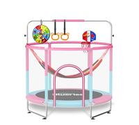 BLUERISE 60" Trampoline for Kids 5FT Toddler Trampolines Indoor/Outdoor with Adjustable Gymnastics Bar & Safety Net, No-Gap Design, Anti-Rollover Bottom, Basketball Hoop, Gifts for Boys & Girls