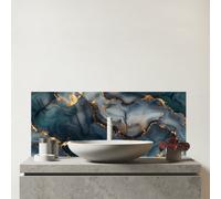 Warren Reed - Designer Blues And Gold Marble Effect Glass Bathroom Splashback, Multi