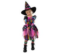 Blues Group Girls' Mix Mashed Witch Costume - Colourful Halloween Fancy Dress Outfit with Dress, Hat & Tights - 3-4 Years
