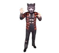 Blues Group Men’s Halloween Werewolf Costume - Muscular All-In-One Jumpsuit with 3D Sublimation Print & Realistic Eva Digit Printed Wolf face Mask - Medium - Large