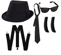 BLUES KIT FANCY DRESS ACCESSORY COSTUME SET QUALITY 60CM BLACK FEDORA HAT + BLACK GLASSES WITH BLACK LENS + BLACK SIDEBURNS + BLACK WIDE TIE AMERICAN MUSIC BAND (58 CM HAT)