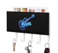 Blues Music Neon Blue Guitar Key Holder for Wall with 5 Hooks Letter Coat Rack 4.3×7.1×1 Inches