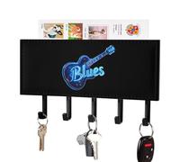 Blues Music Neon Blue Guitar Key Holder for Wall with 5 Hooks Letter Coat Rack 4.3×7.1×1 Inches