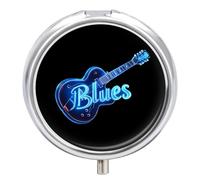 Blues Music Neon Blue Guitar Round Pill Box Organiser 3 Compartment Medicine Case