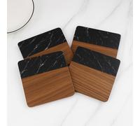 BLUESAKI HOME Luxury Acacia Wood & Black Marble Coasters - Set of 4 Square Drink Coasters for Modern Table Décor, Office, or Gifting