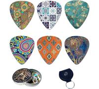 BluesBay Premium Celluloid Guitar Picks-12 Pack Includes Thin, Medium & Heavy Gauges-Bundle W/Free Metal Box+ Leather Key Chain Pick Holder (Artistic Pattern) Best Gift for Guitar Lovers