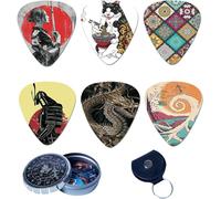 BluesBay Premium Celluloid Guitar Picks-12 Pack Includes Thin, Medium & Heavy Gauges-Bundle W/Free Metal Box+ Leather Key Chain Pick Holder (Japanese Art) Best Gift for Guitar Lovers