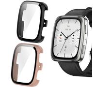 Blueshaweu Protective Case Compatible with Amazfit Active 2 Smartwatch 1.75 Inch Square, Hard PC Case with Glass Screen Protector Compatible with Amazfit Active 2 Sqaure Smartwatch (Black + Pink)