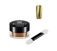 Bluesky Chrome Nail Powder 5g with Applicator Brush, Gold Metallic | Buff it over a cured no-wipe top coat and flat colour turns into a warm mirror finish that reflects the room back at you.