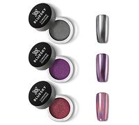 Bluesky Chrome Nail Powder Set, Pink Purple Silver, 3 x 5g with Brushes | Buff the pigment over a cured no wipe top coat and flat colour turns to mirror metal, then seal it with another layer.